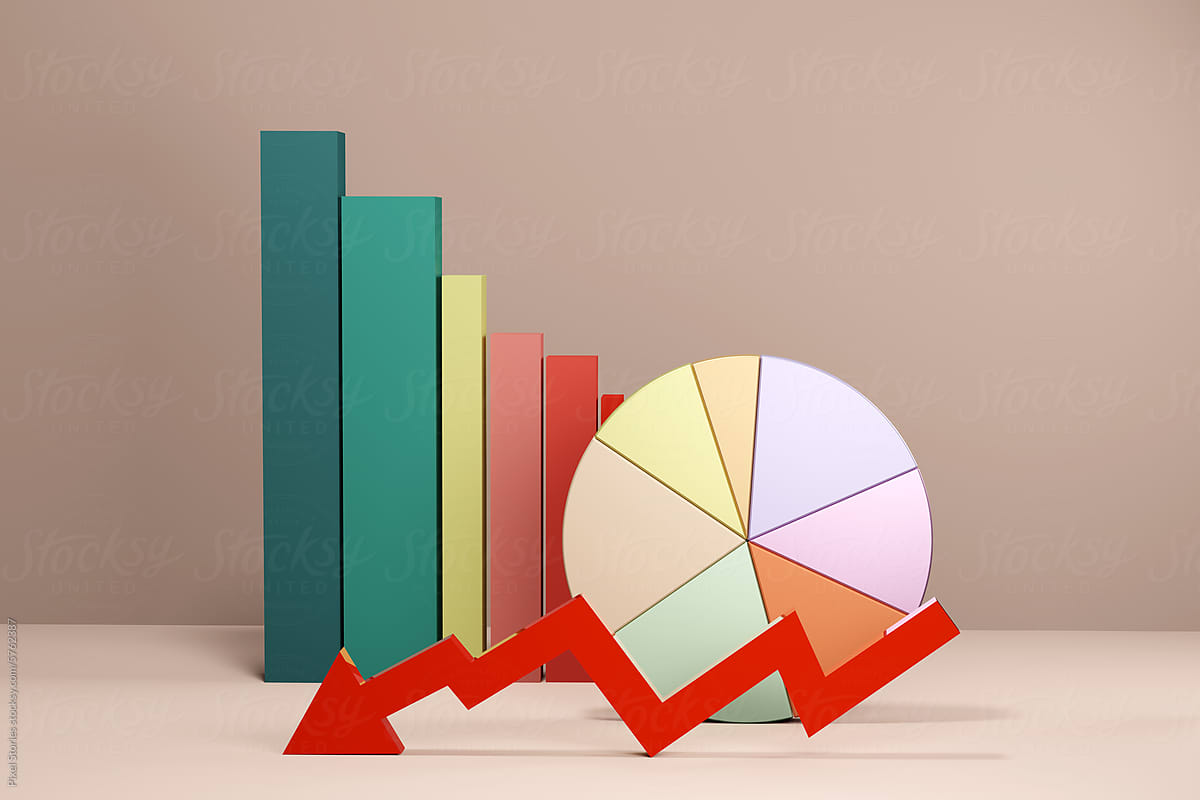 3D financial performance bar and pie charts, arrows results  - decline