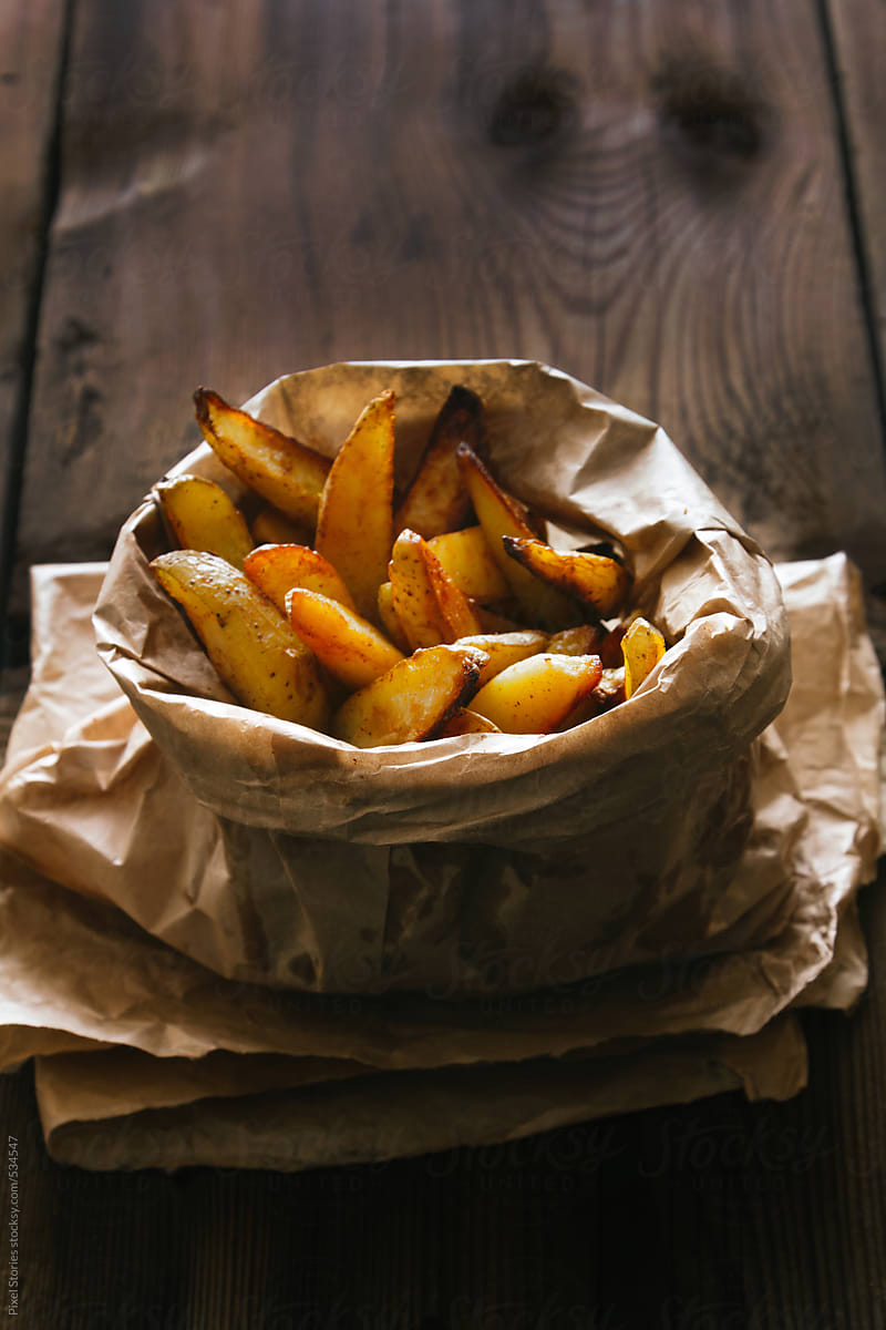 Food: oven fried potatoes in paper bag