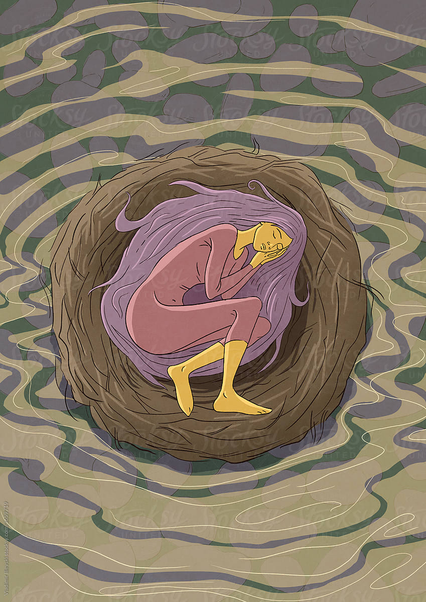 Girl Sleeping in Nest on the Water