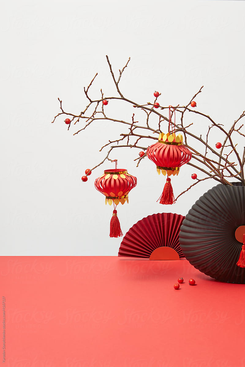 Chinese red lanterns on decorative twigs