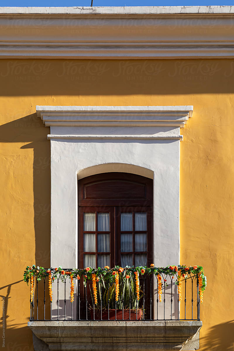 Flowers hanging in front of a window balcony of a yellow building