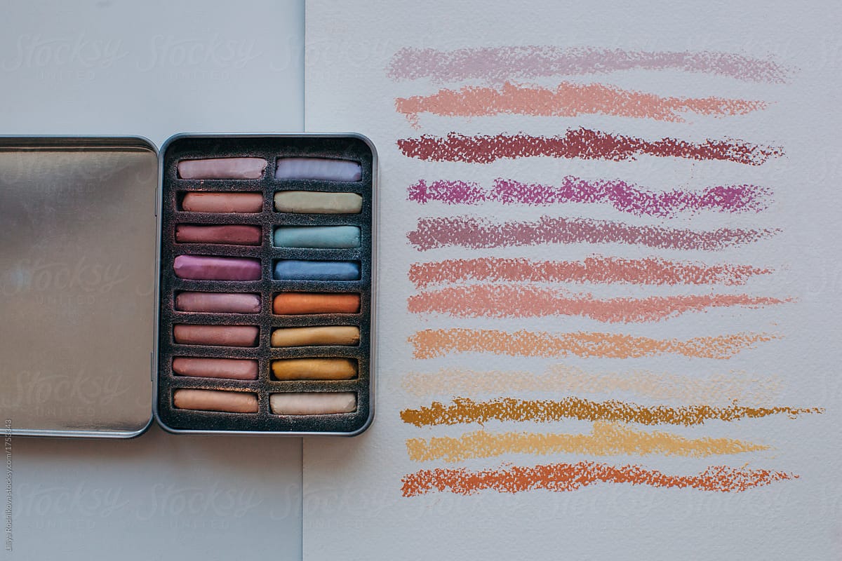 Colorful soft pastel chalks and it\'s swatches on paper