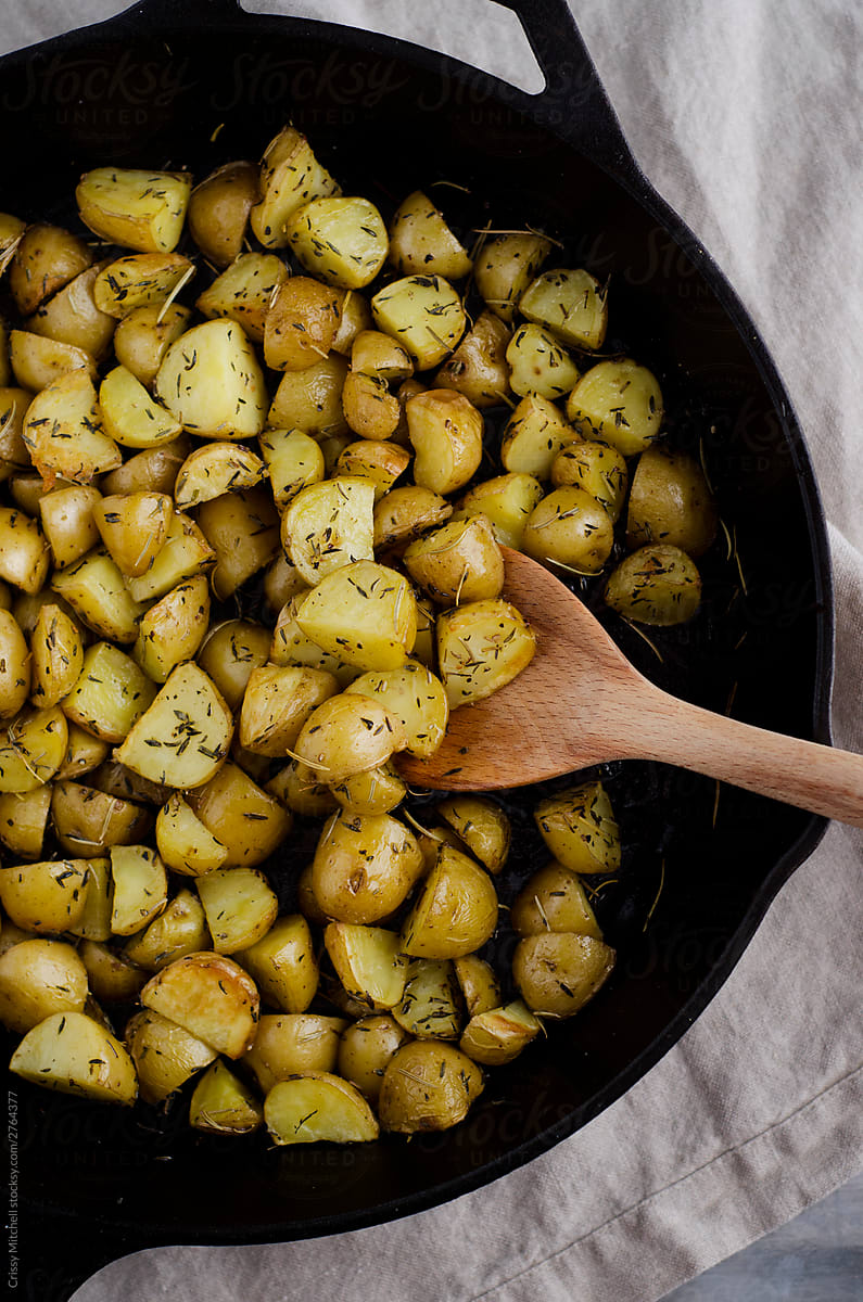 roasted potatoes in skillet