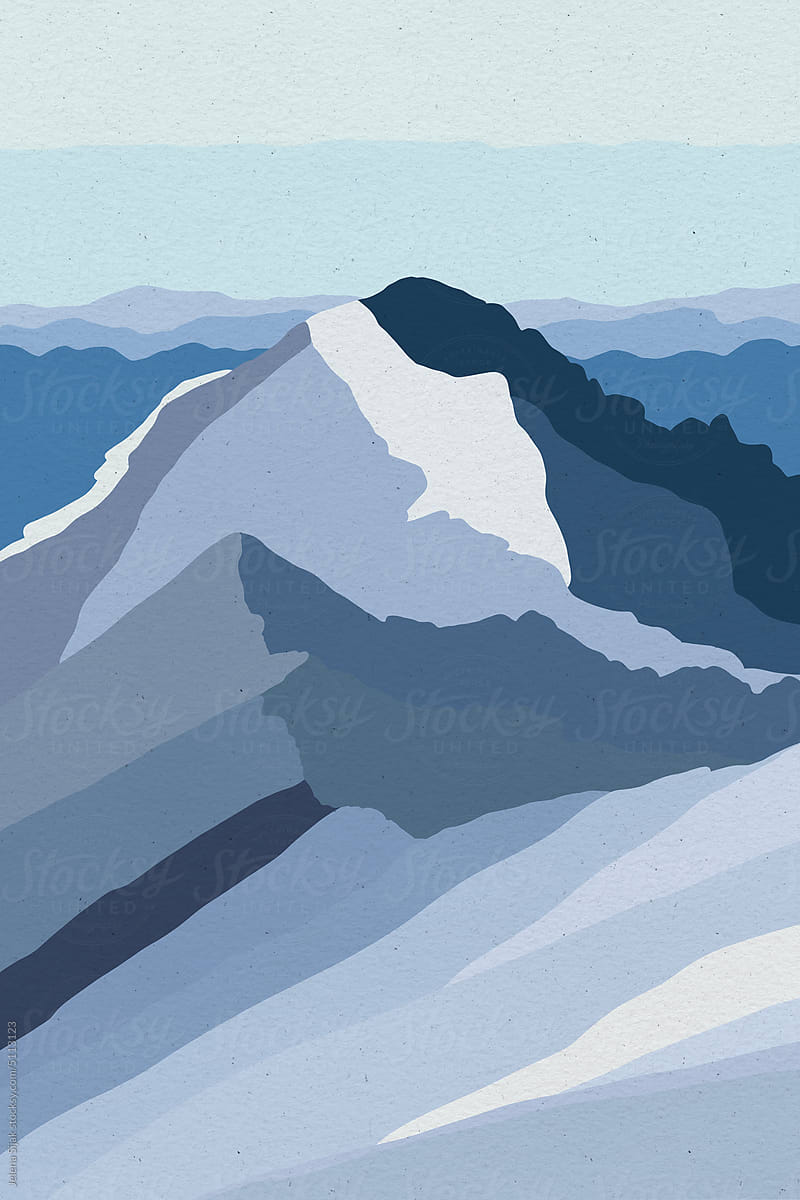 Graphic illustration of the blue winter mountains with the snow.