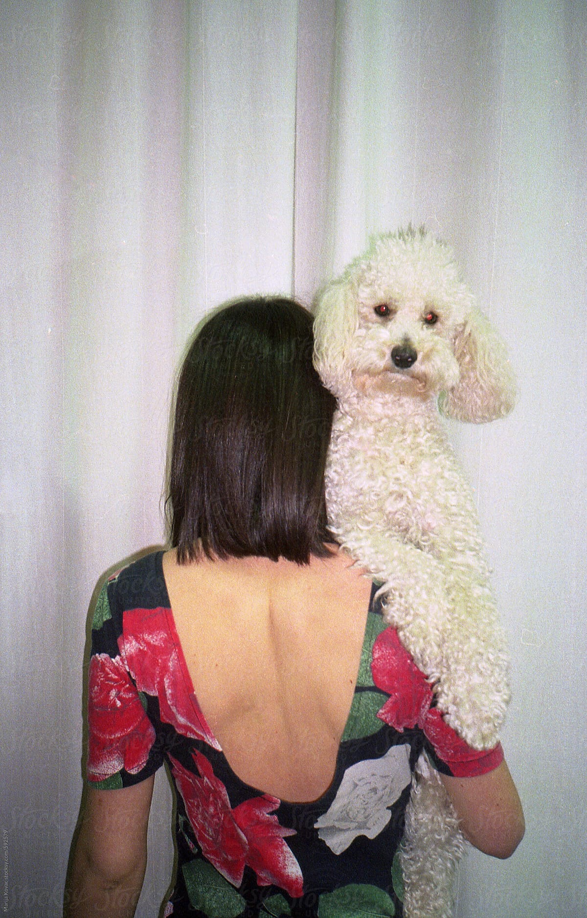 A woman from the back with her white poodle
