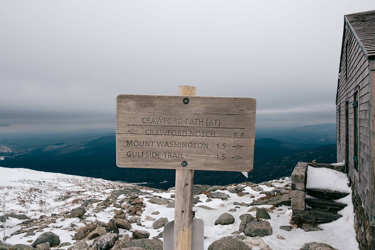 sign by Hut by Mount Washington, NH on a cold winter day