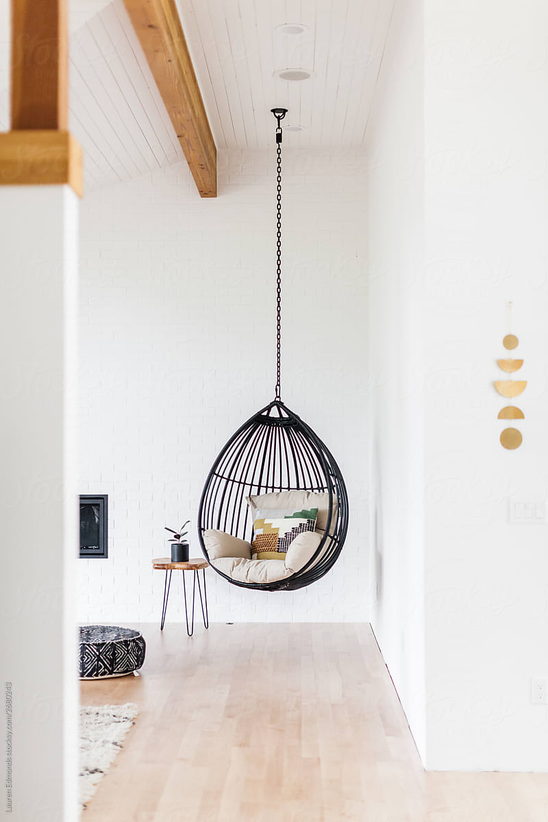 Hanging Chair in Bright, Bohemian Living Room