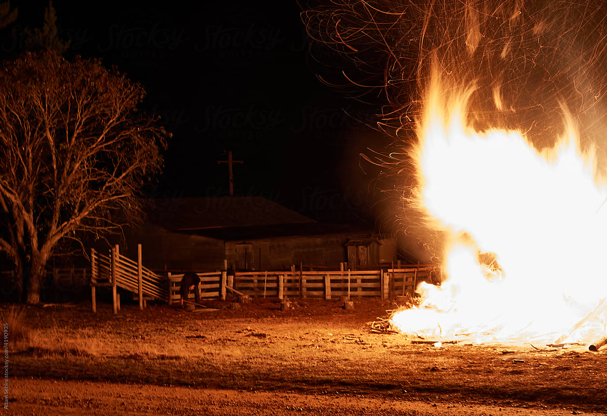 Outback farming Australia, night burn off, flame vortex