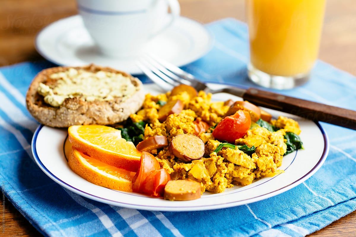 Tofu Scramble with Spinach, Tofu Hot Dogs and Cherry Tomatoes