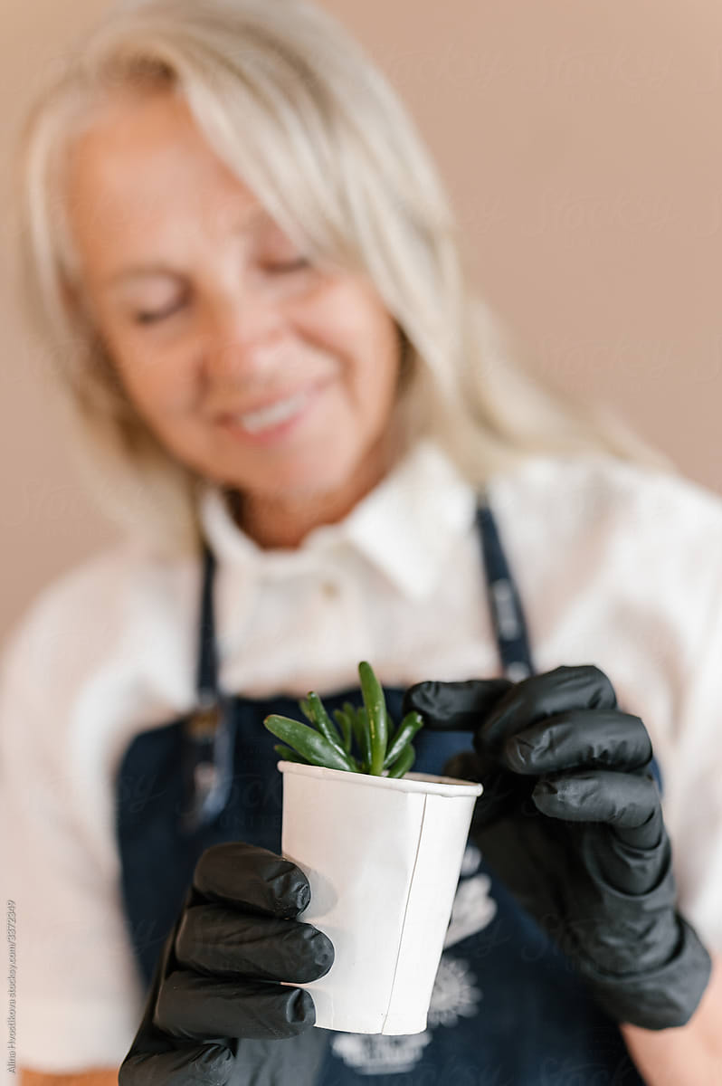 Glad aged gardener examining plant in cup