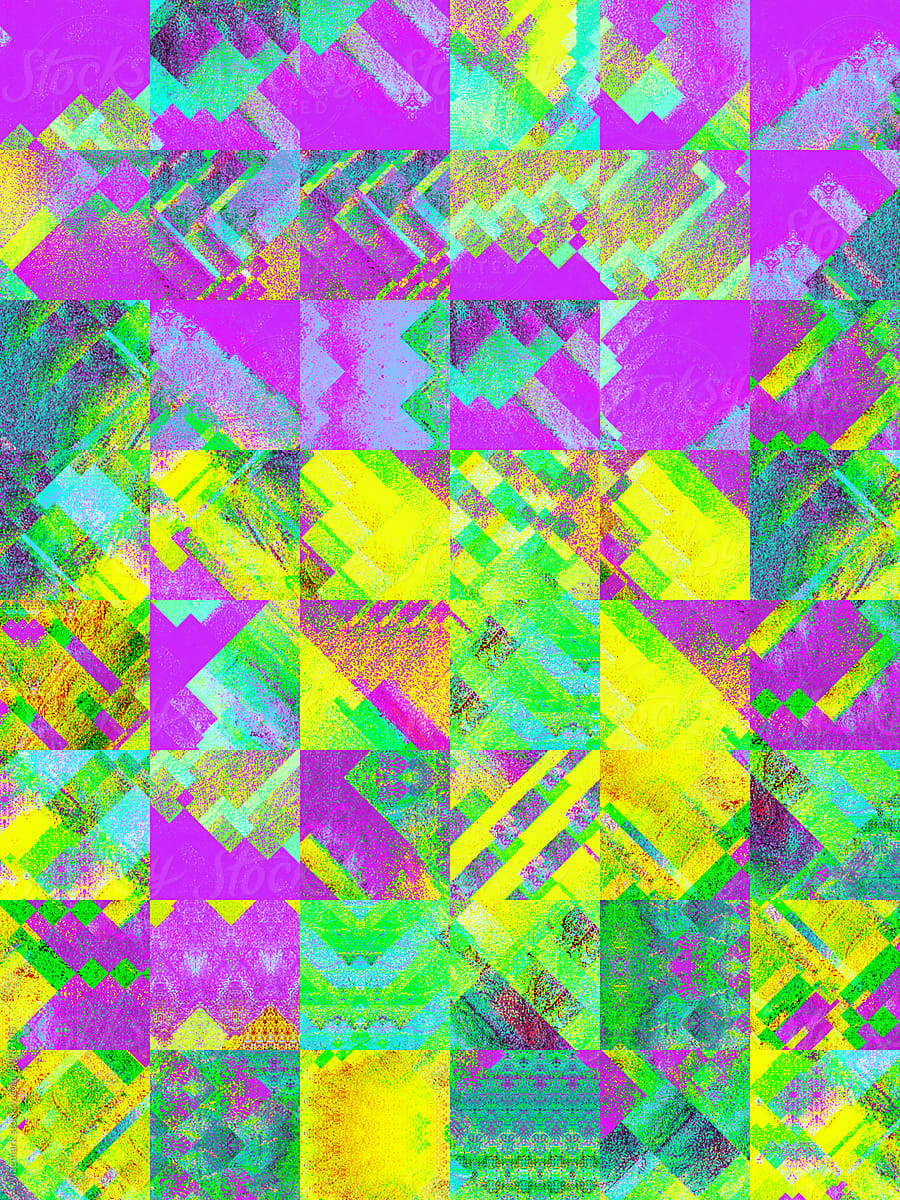 Vibrant colorful squares on the glitchy background.