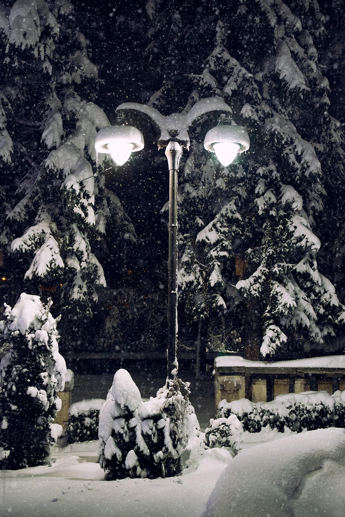 Street lamp on a snowy night