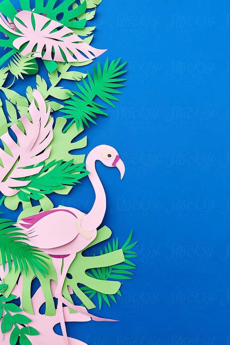 Summer handmade frame of tropical leaves and flamingo