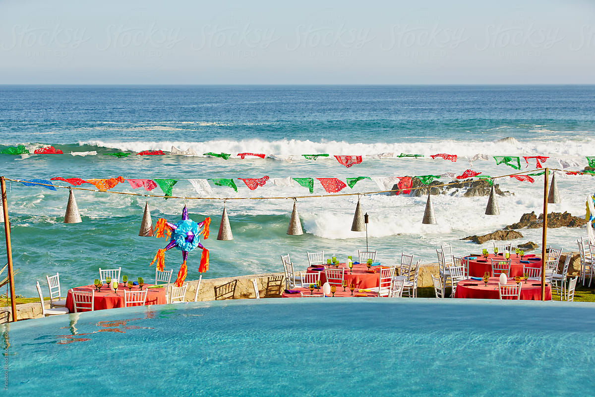 Mexican fiesta set up at luxury resort on ocean