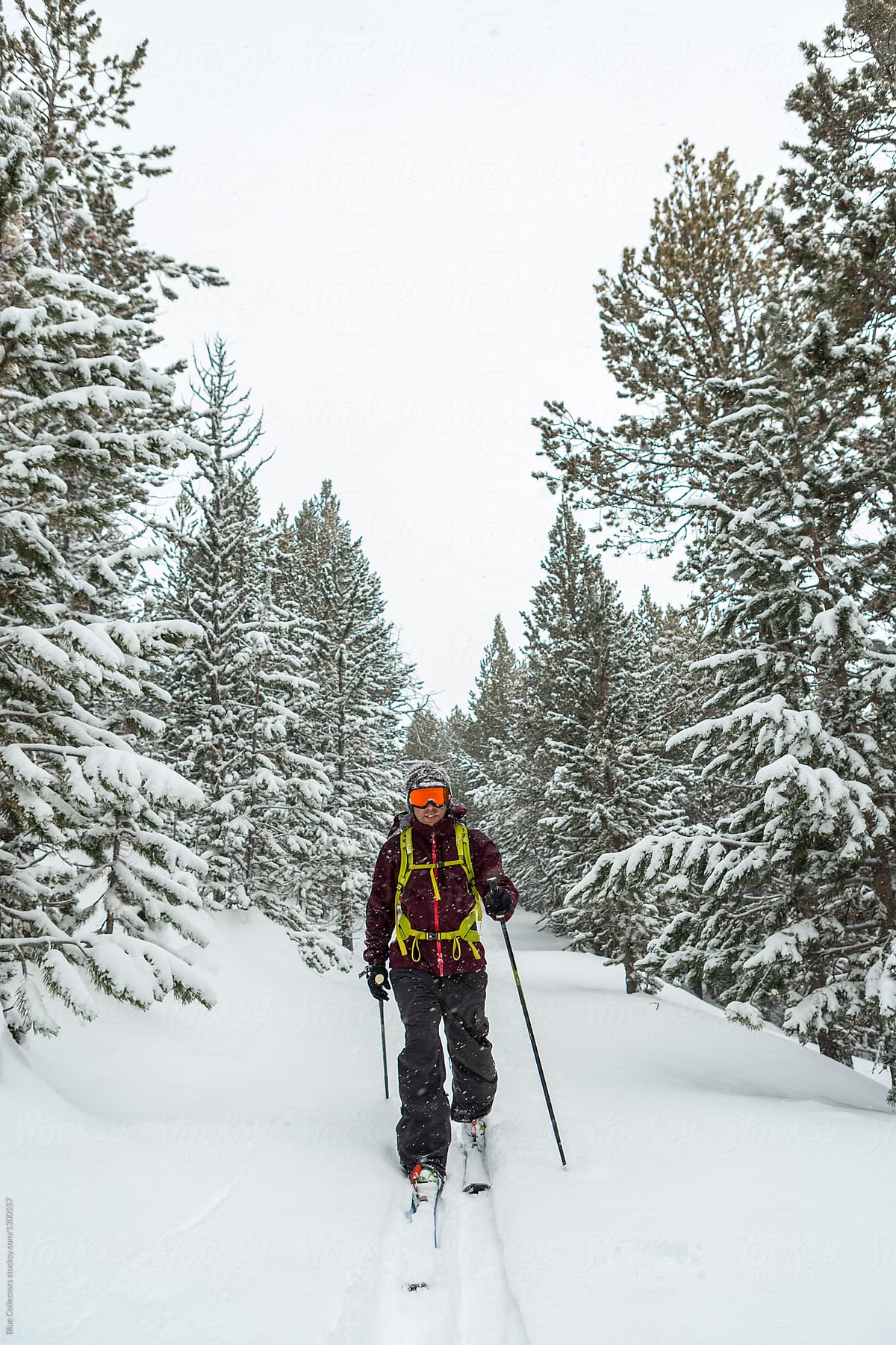 male skier in snow storm walking into the winter woods