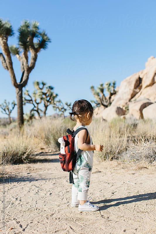 Baby wearing backpack in desert