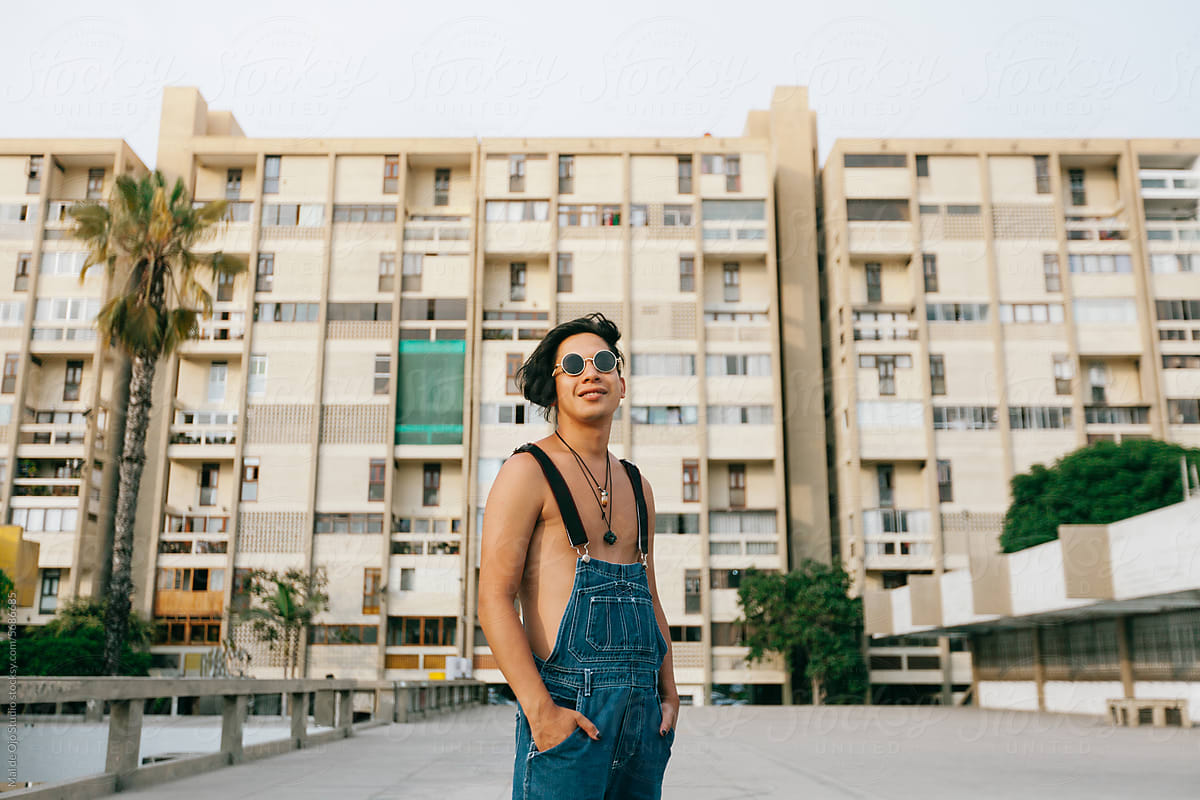 Shirtless Man in Denim Overall