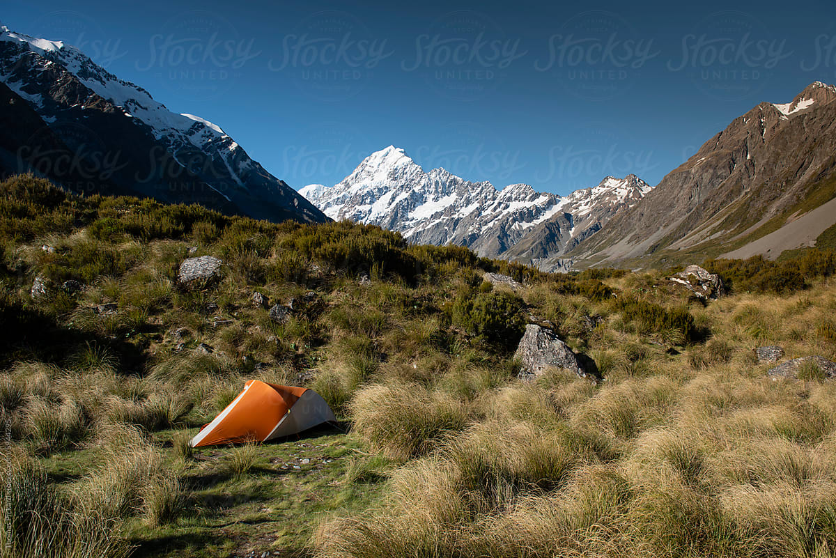 Tent and mountains, Aoraki / Mt Cook National Park, New Zealand