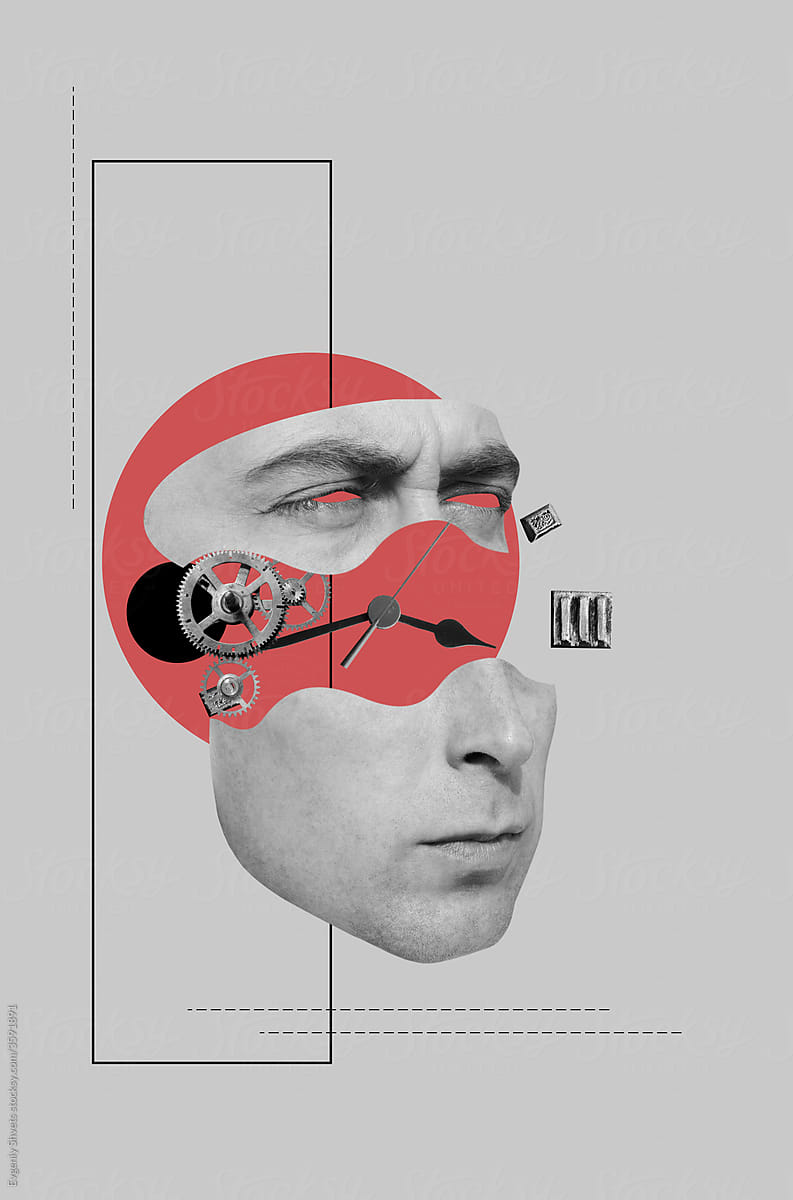 Digital collage with head of a man and clock