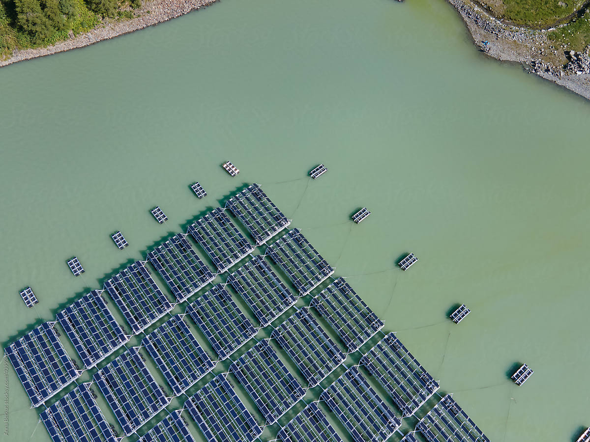 solar panels, renewable energy, floating power plant on lake