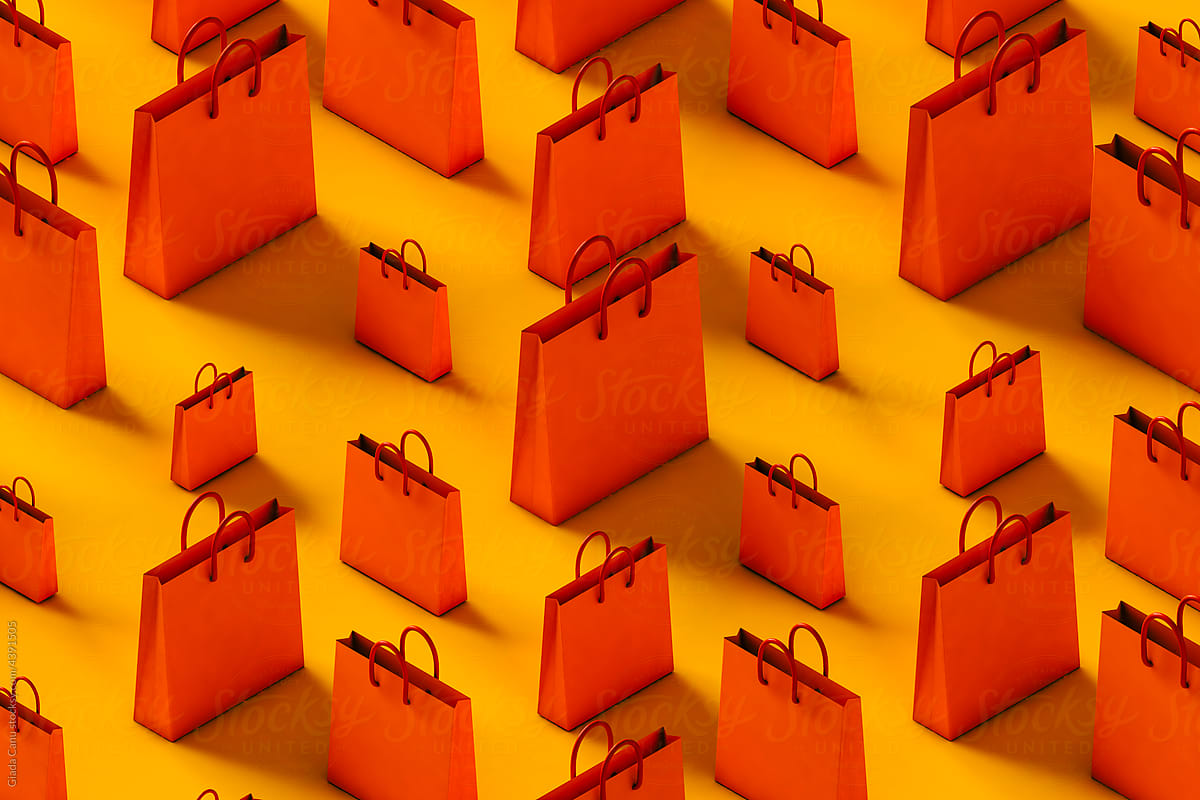 Orange shopping bag in different sizes and positions