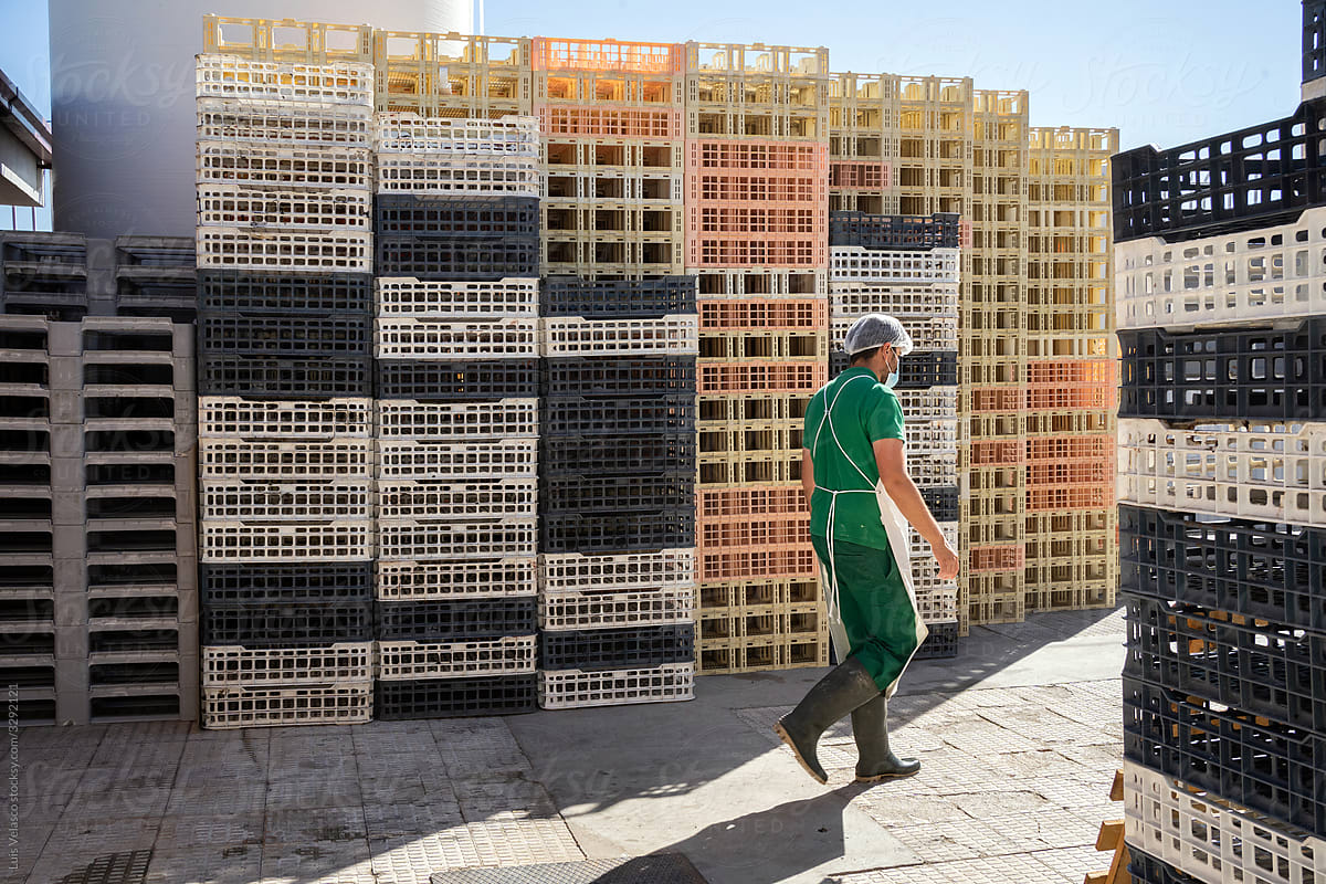Worker Walking Outdoors Next To The Packing Boxes.
