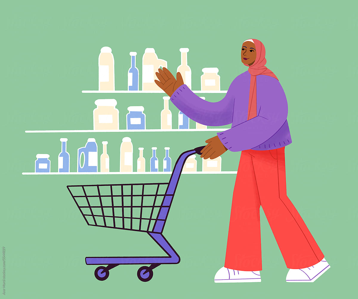 A woman in a headscarf pushes a full shopping cart