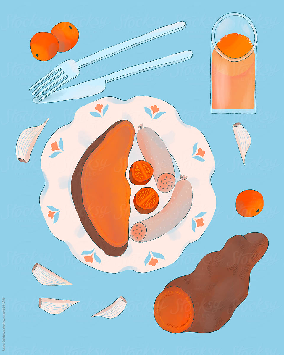 Sweet Potato and sausages - food illustration