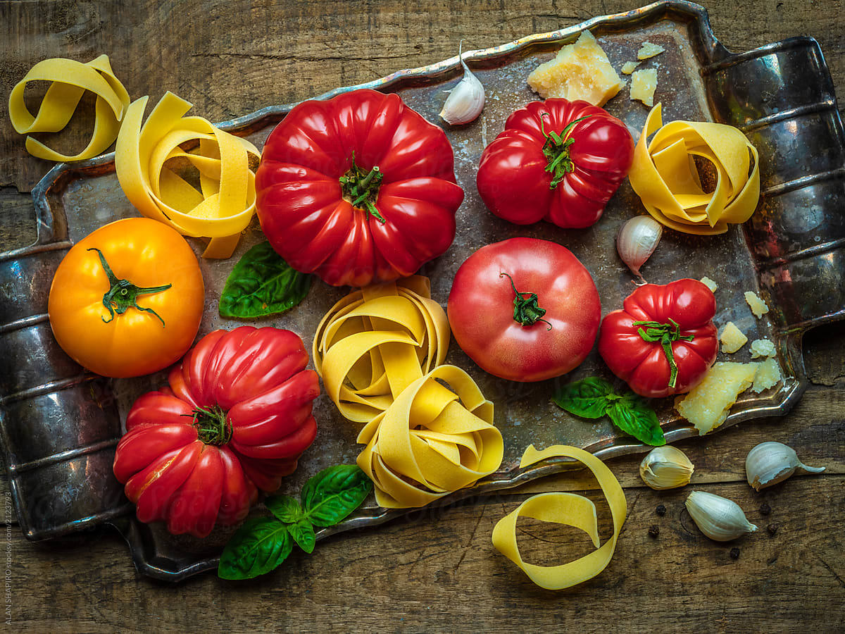 heirloom tomatoes and pasta on platter