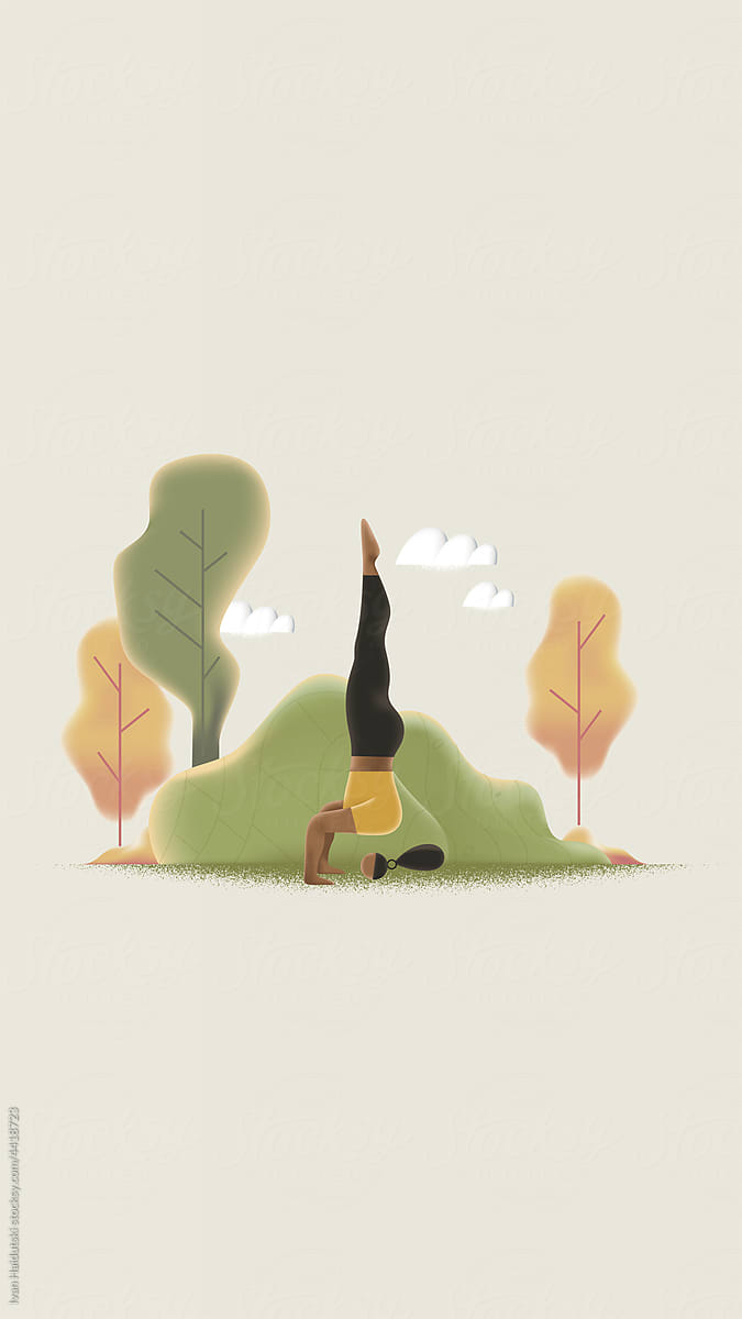 Black woman doing yoga. Headstand Pose illustration