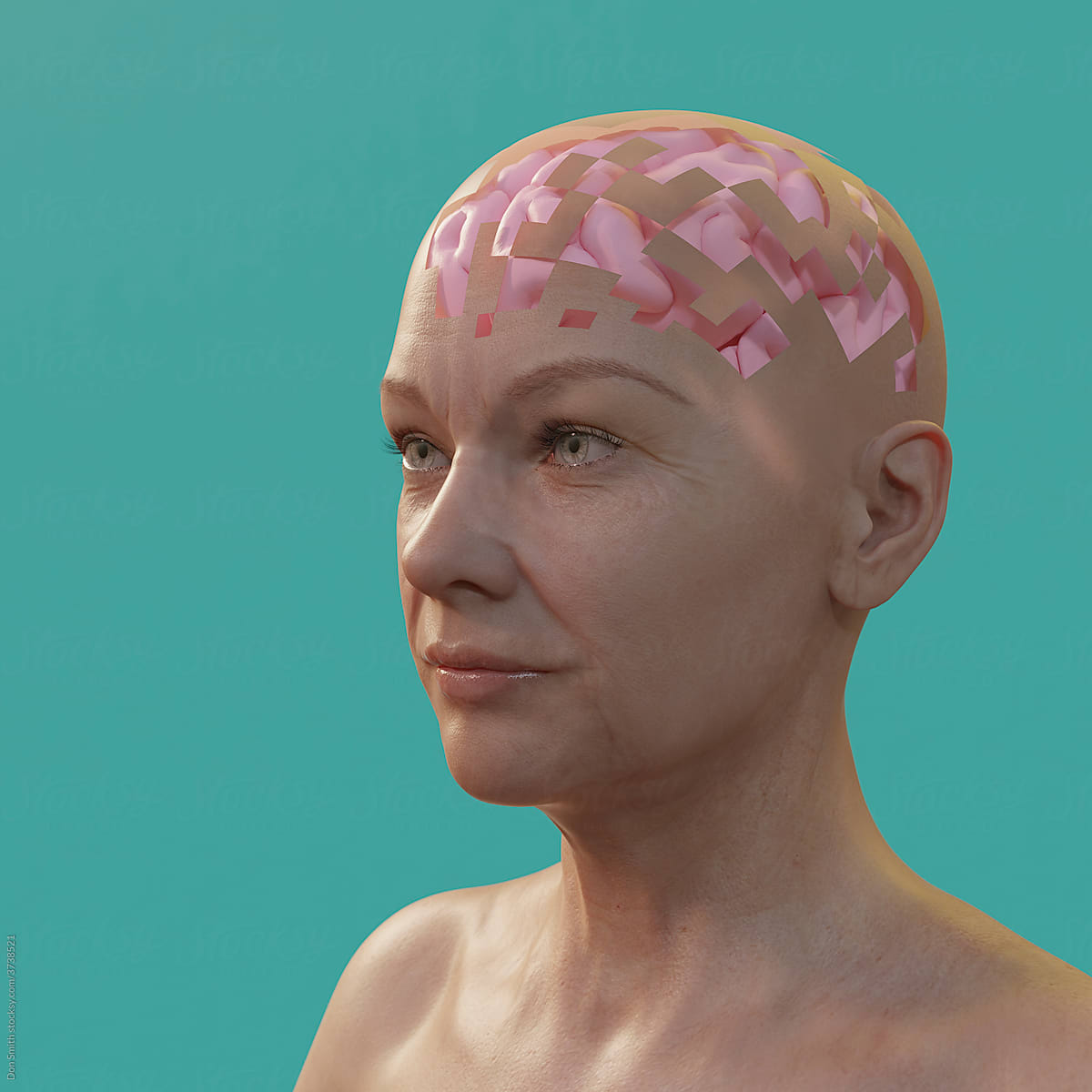Mature woman with cutaway skull revealing brain