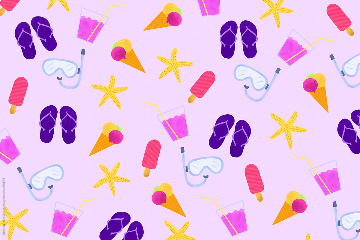 Repeating pattern of colorful summer accessories. Illustration