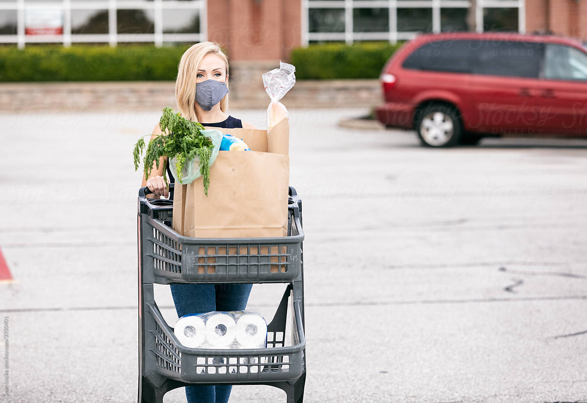 Woman With Face Mask After Grocery Shopping