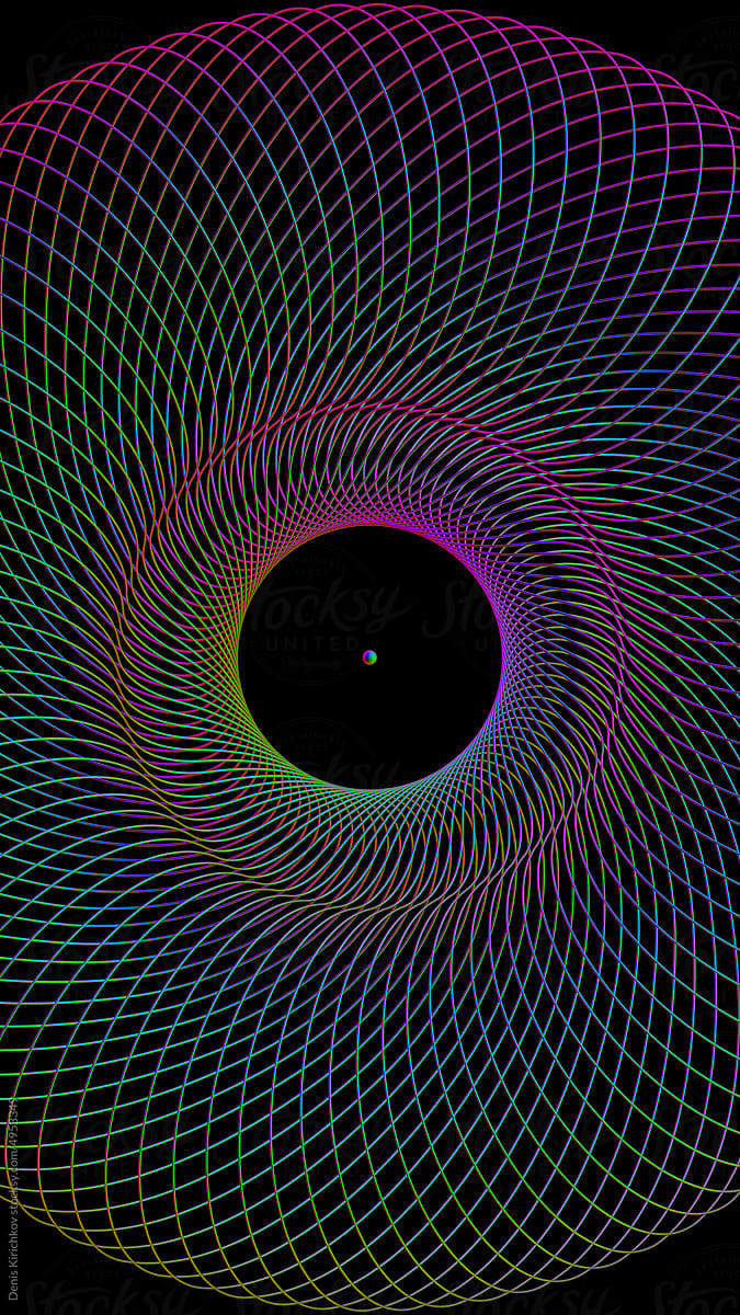 A rainbow color circle of threads and a point in the center.