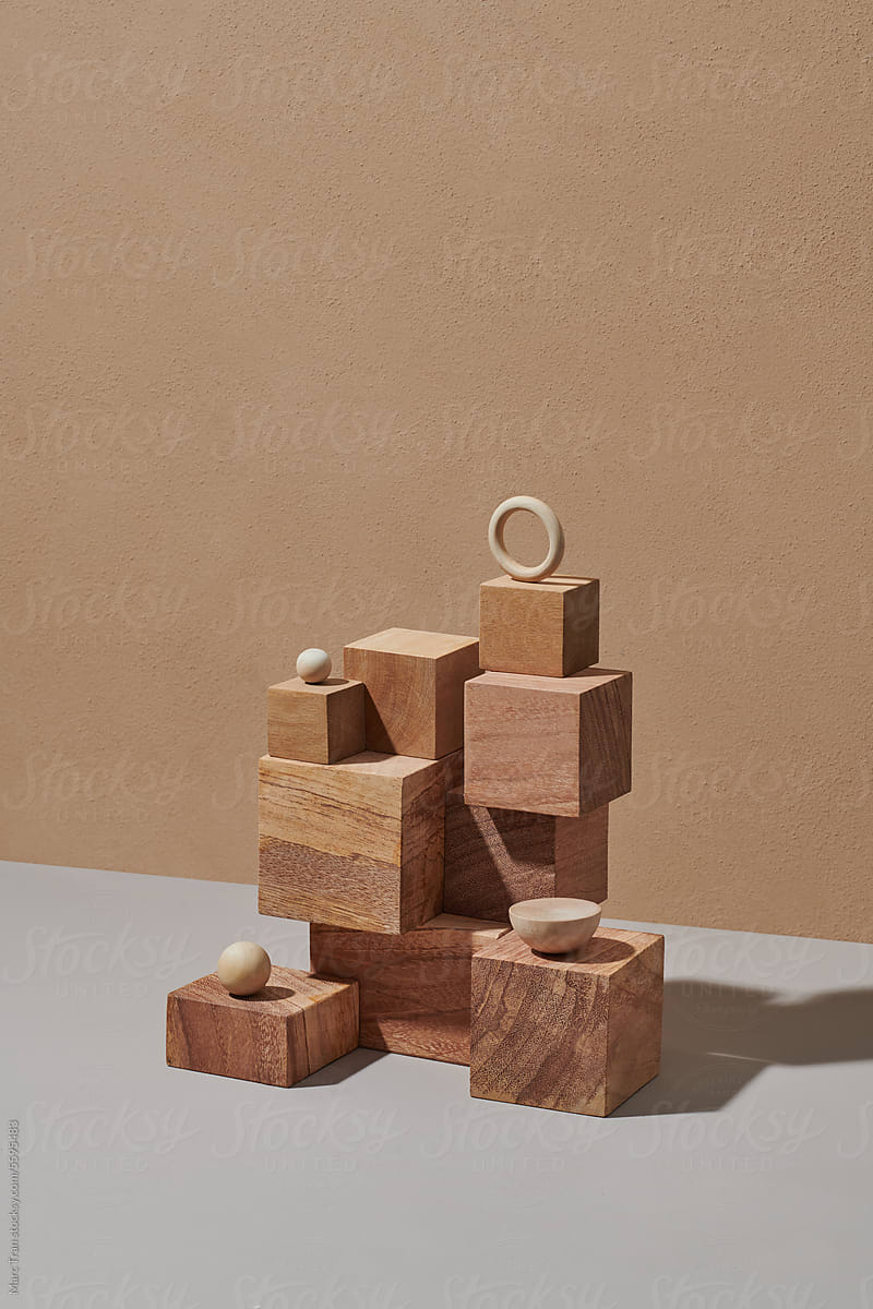 Abstract geometrical composition with many wooden objects.