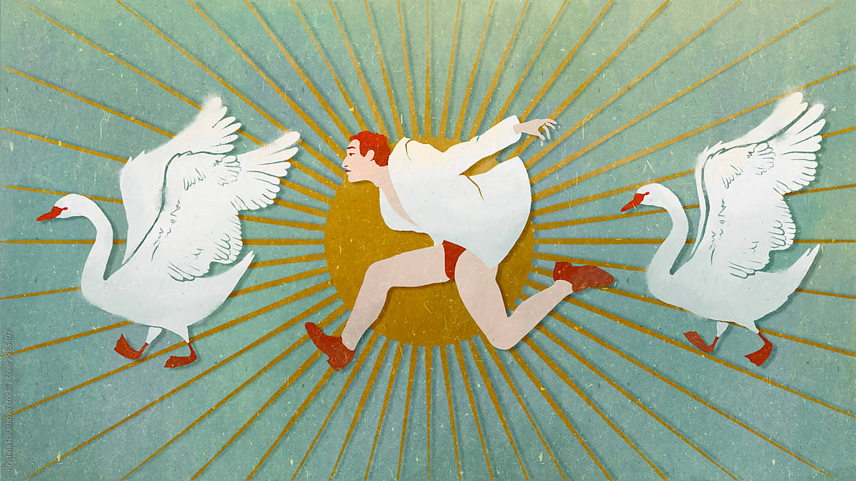 A man runs between two white swans in the background of the sun.