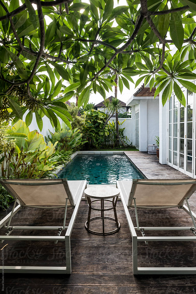 Backyard with swimming pool in luxury villa, Bali