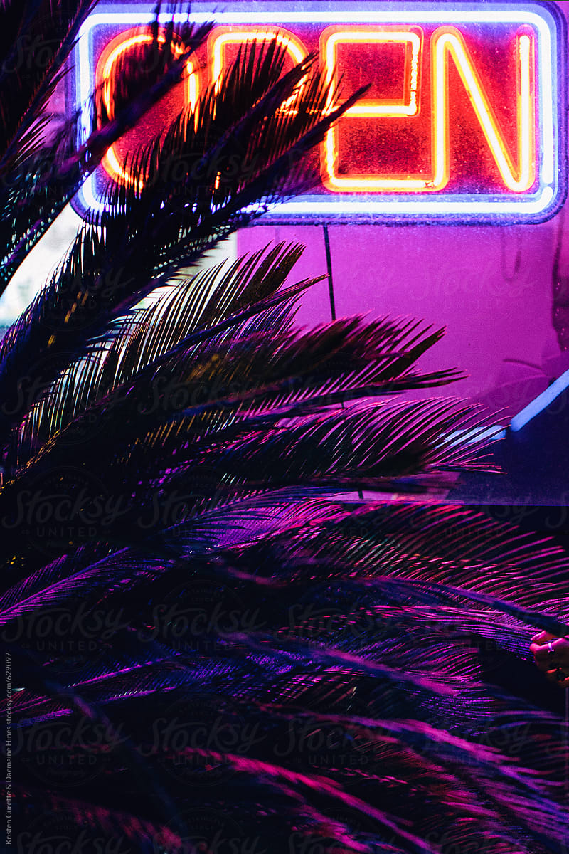 Neon Open Sign with a palm tree