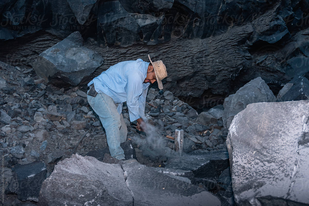 Manual Labor in Volcanic Stone Quarry