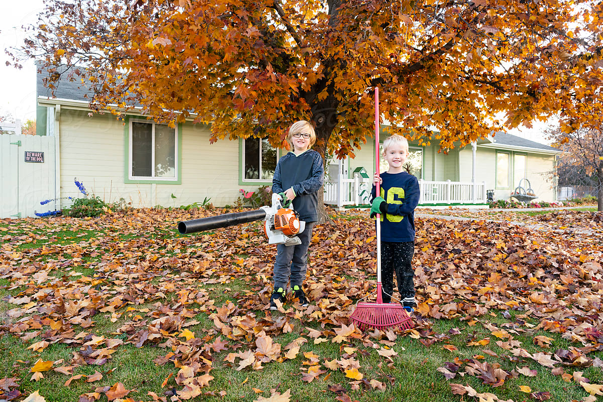 Community volunteers raking autumn leaves