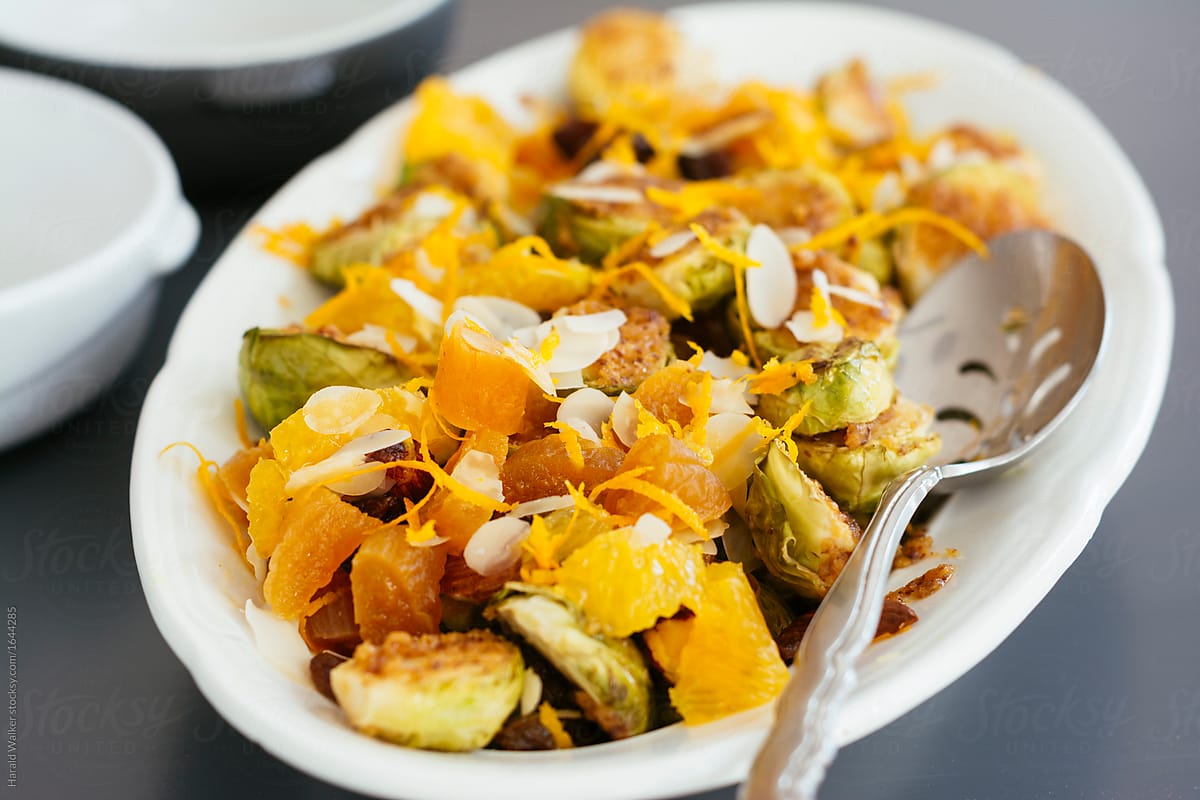 Roasted Brussels Sprouts with Maple Mustard Sauce, Apricots, Rai