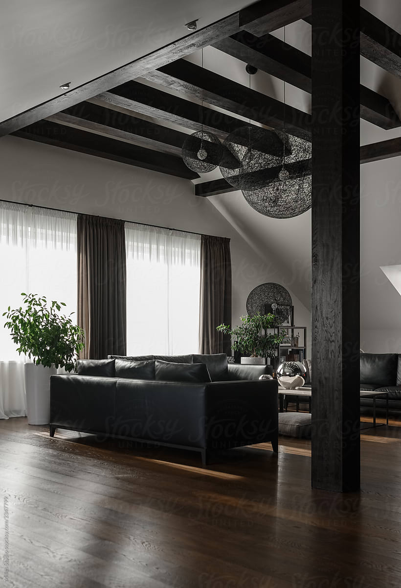 Black sofa in contemporary living room