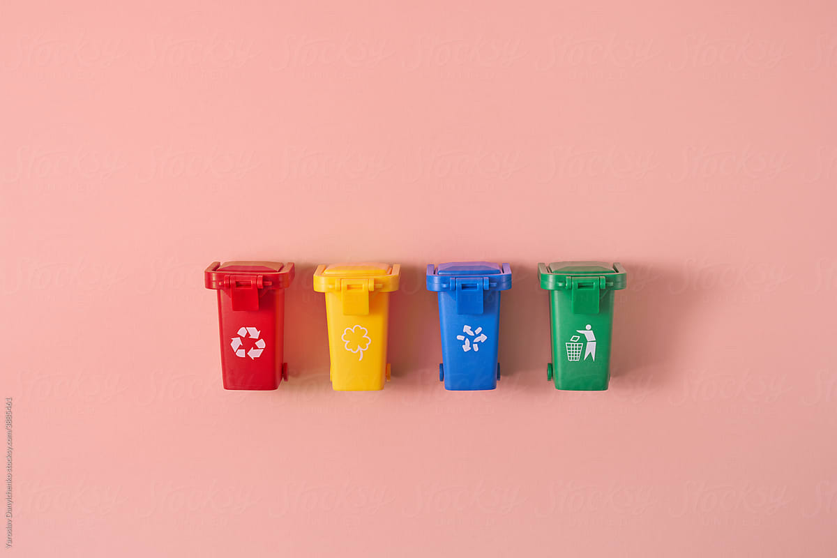 Small colored trash cans for recycling