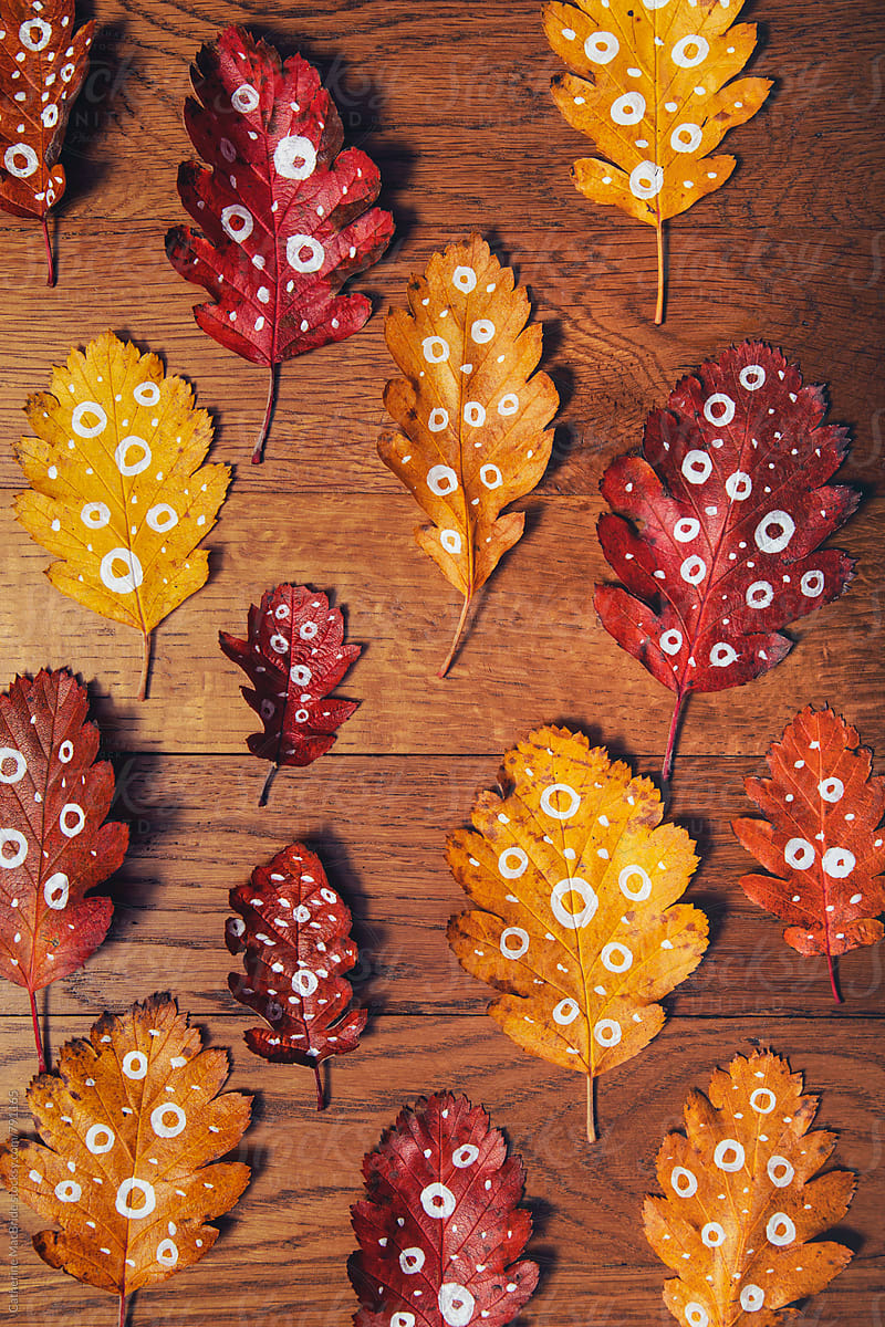 Dotty autumn leaves, bright autumn leaves with painted on pattern