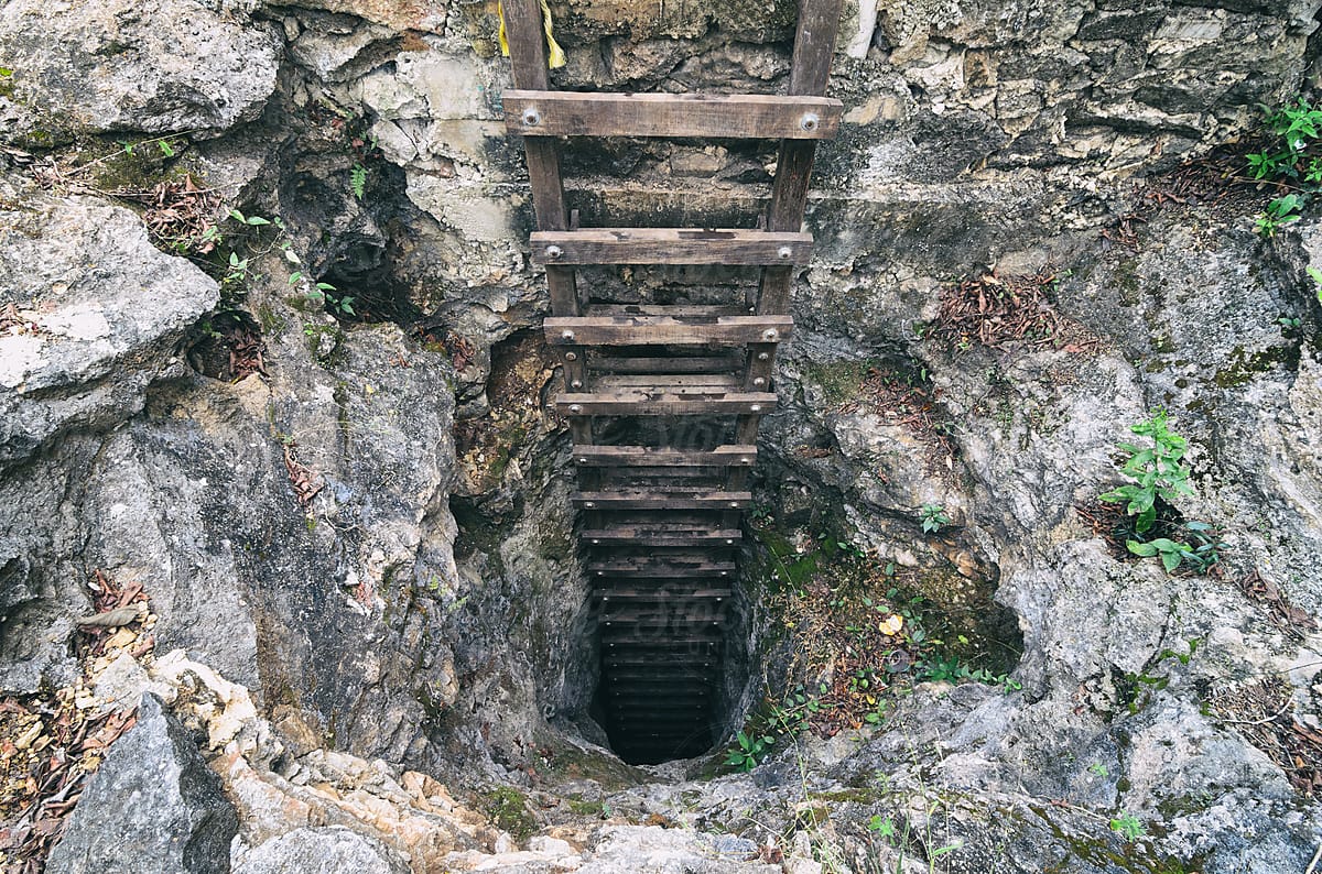 Wooden ladder leading deep underground