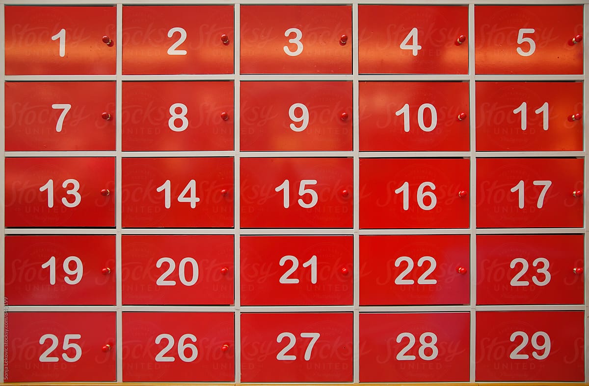 red numbered school lockers background