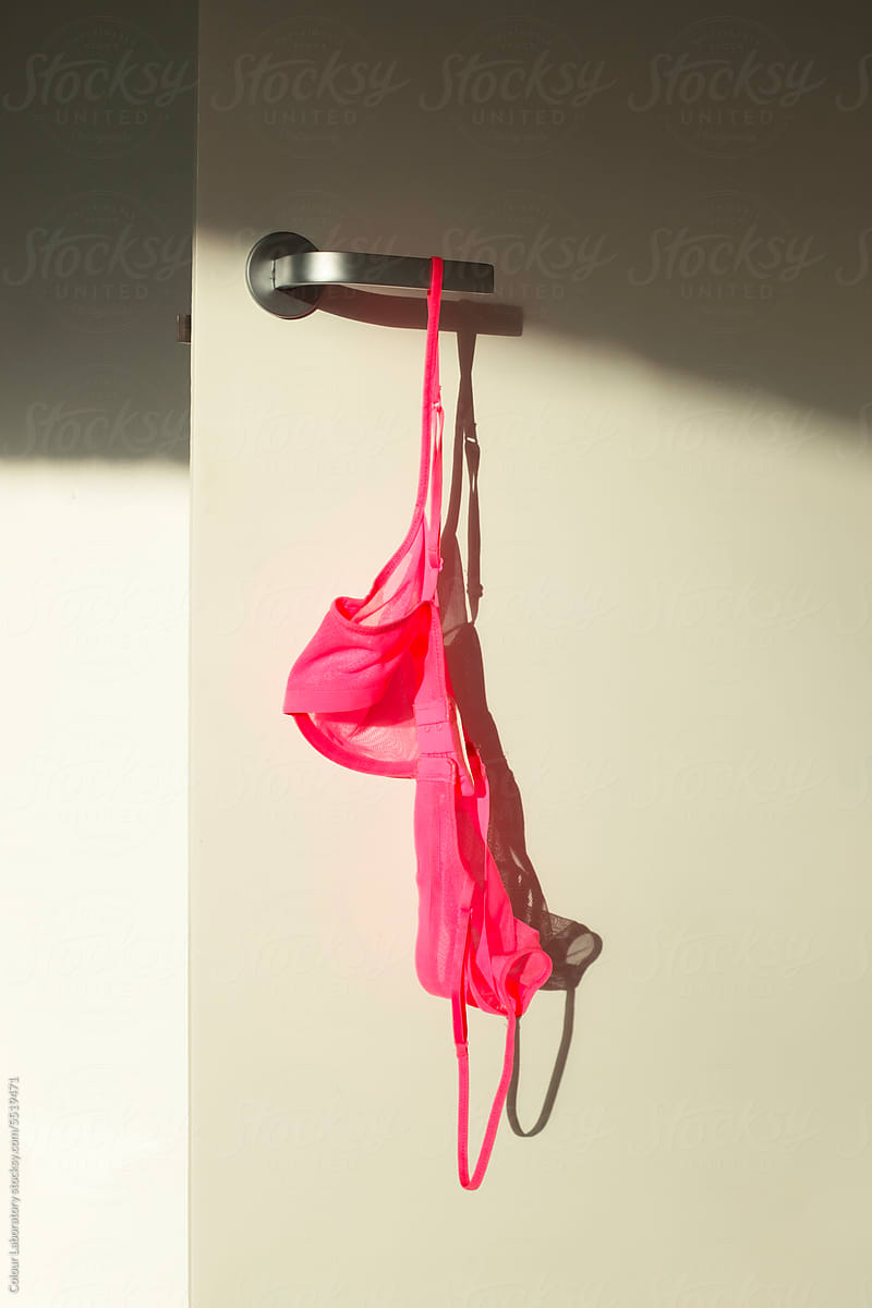 Hot Pink Transparent Mesh Bra Hanging On Door Handle With Golden