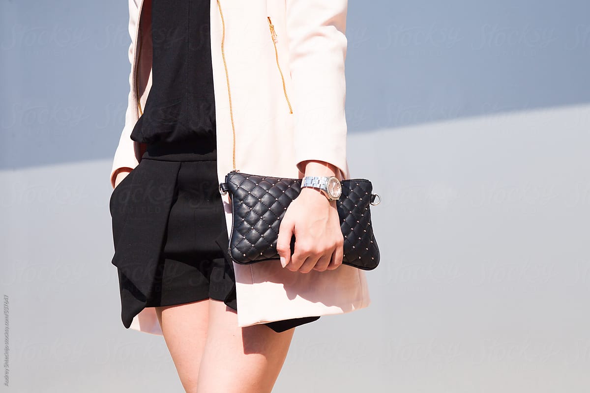 Trendy girl holding small bag. Stylish accessories. Fashionable woman in  jacket. Spring fashion. Female wear beret. Handbag or purse accessories.  Accessories shop. Shopping cheaper than psychiatrist Stock Photo by  ©stetsik 439360426