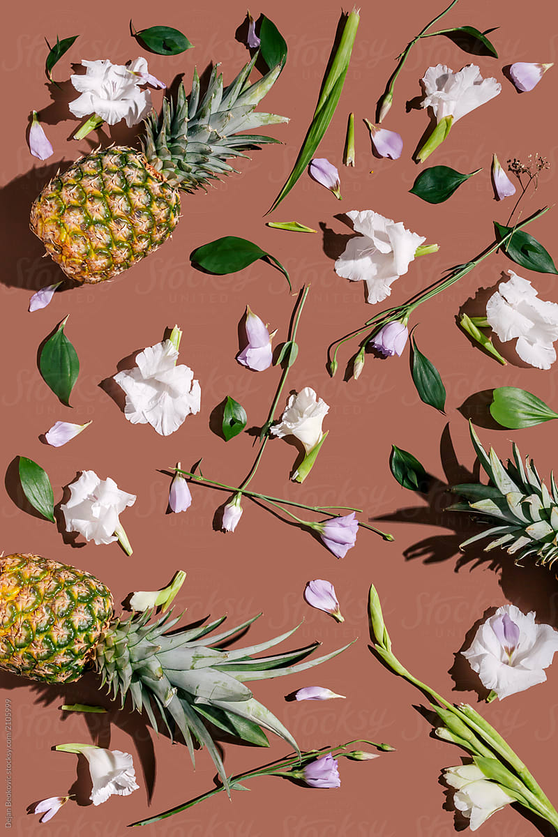 Flowers and pineapples on brown background