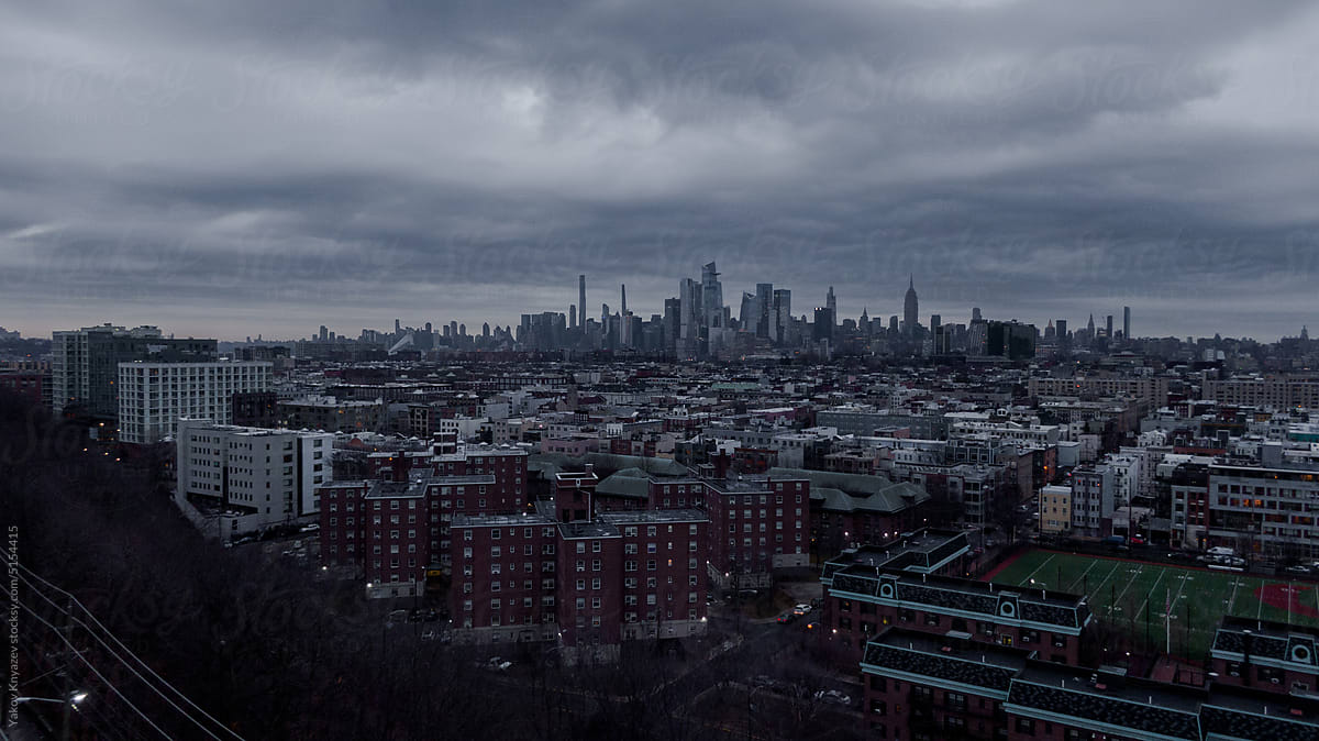 Manhattan before the rain. drone panorama with neighbourhood in front